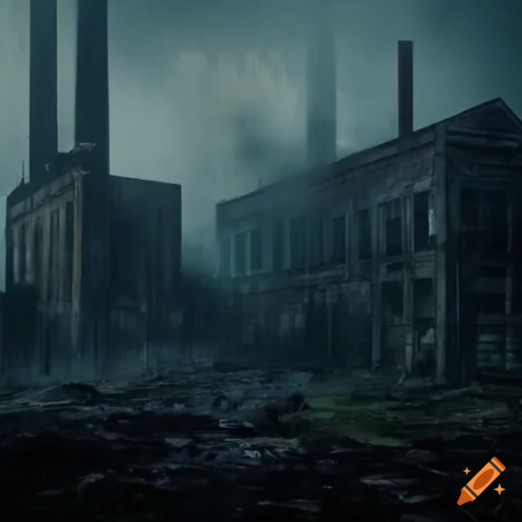 eerie scene of abandoned factories and toxic land