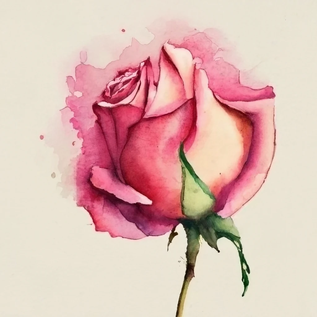 Watercolor painting of a pink rose on a long stem
