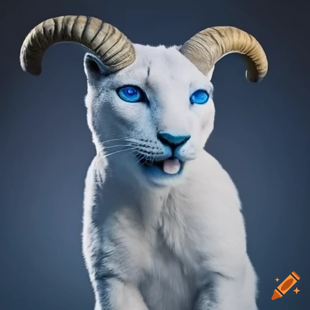 image of a white puma with blue eyes and ram horns