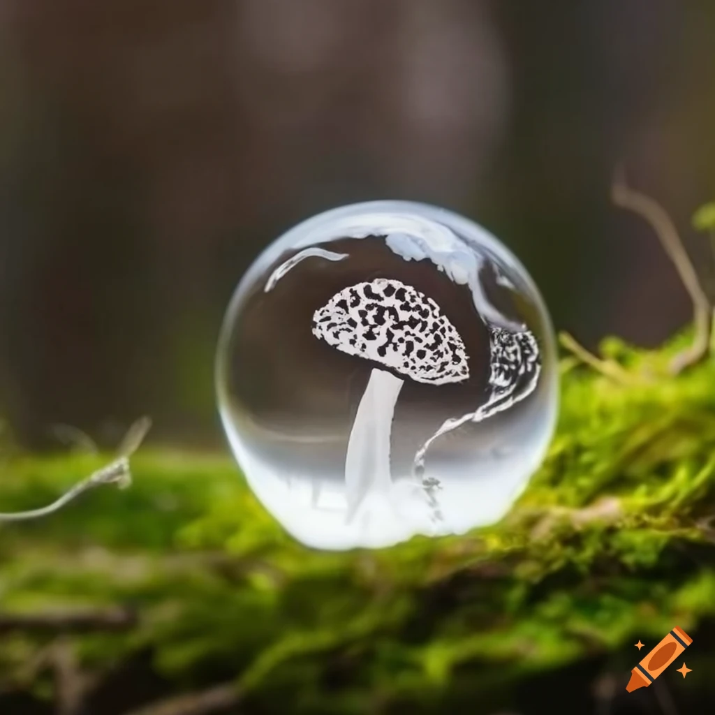 etched glass ball with a mushroom design