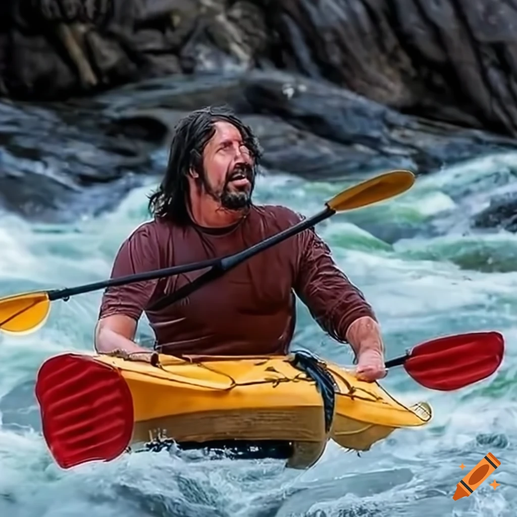 Dave Grohl kayaking through rapids