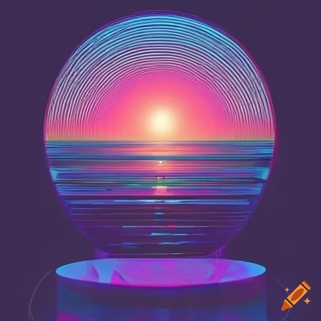 Vaporwave sunset with geometric shape on glass podium on craiyon