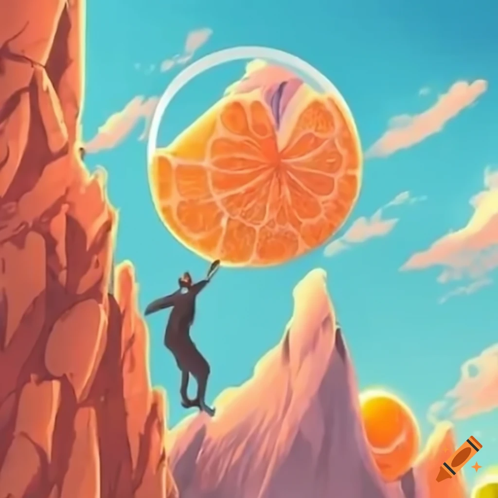 men climbing a mountain with an orange juice fountain at the top