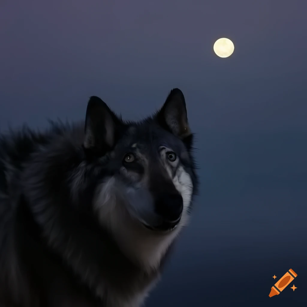 black and white wolf staring at the full moon on a mountain