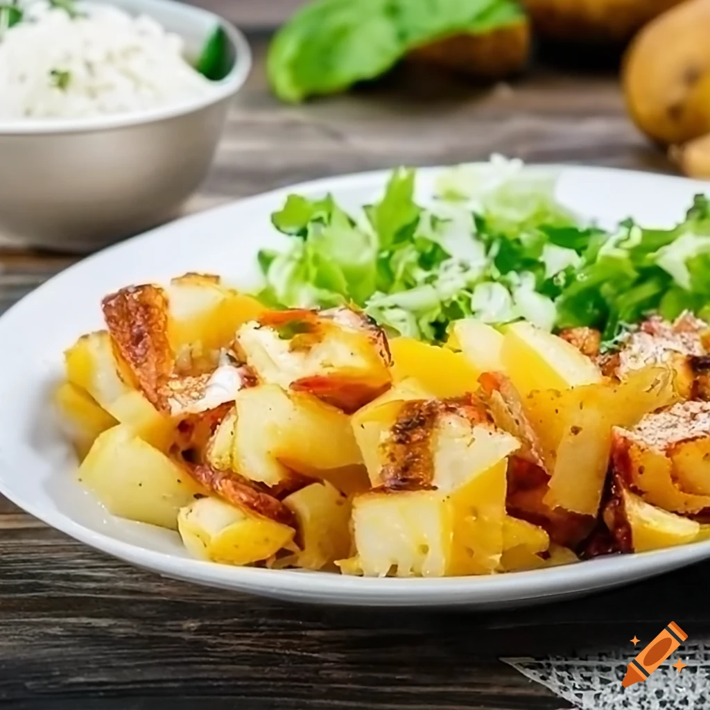 Plate of rice with baked potatoes and salad on Craiyon
