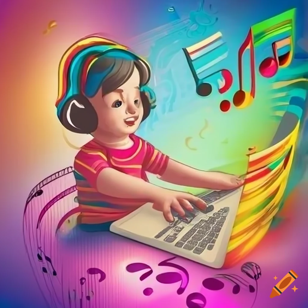 Illustration of a child making music on a computer on Craiyon
