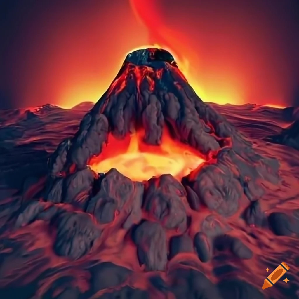 retro 3D render of an exploding volcano