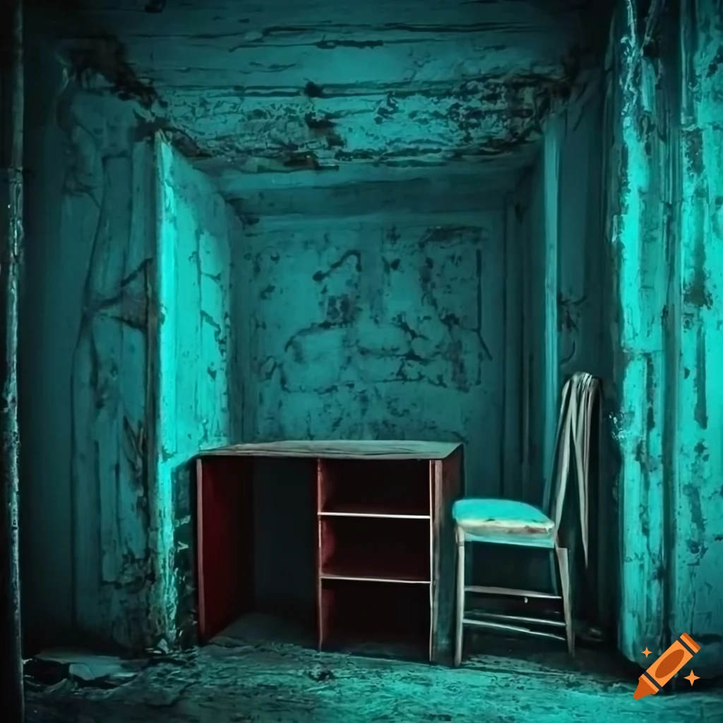 Cyanlit derelict basement with chairs and wardrobes on Craiyon