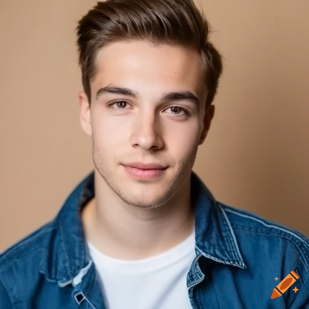 Headshot of a serious young man with dark brown hair and light blue ...