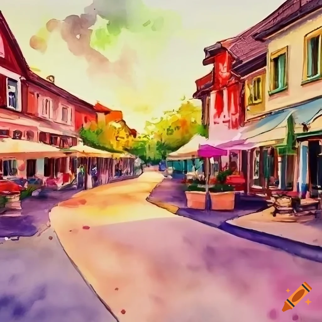Charming watercolor painting of a bustling town center