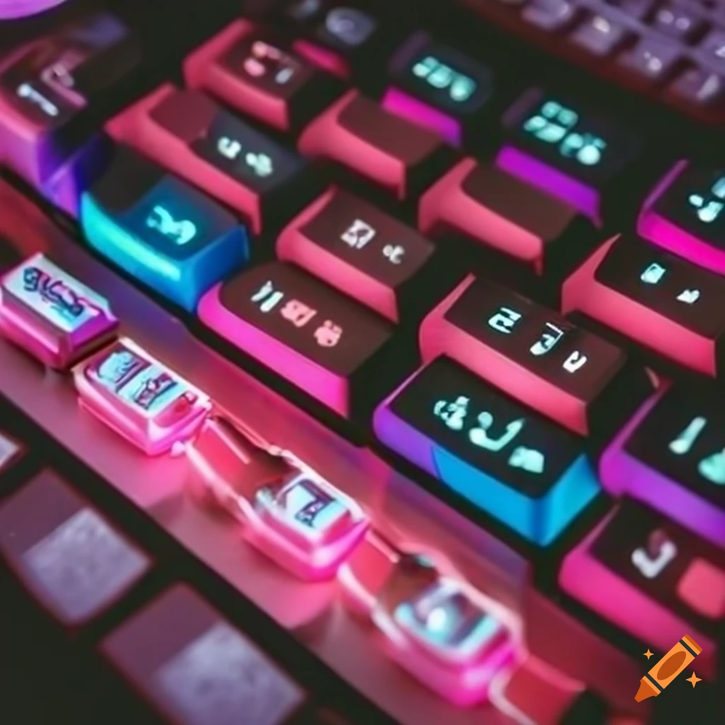 neon lights reflecting on a keyboard