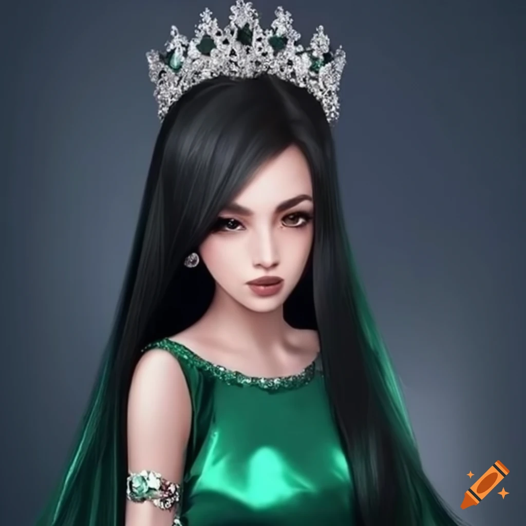 Ethereal princess in long green satin dress on Craiyon