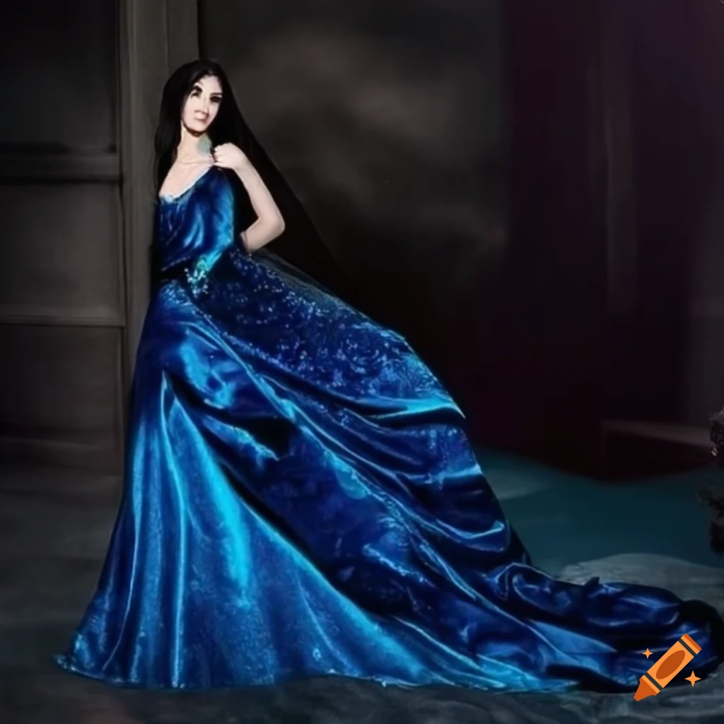 Princess in a dark blue sequin velvet dress with silver sapphire