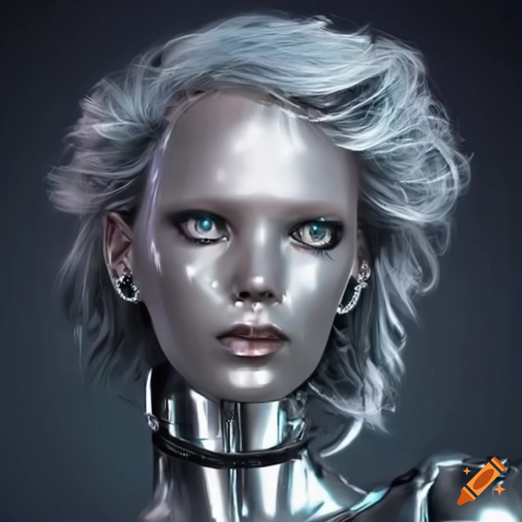 Image of silver female robots with silver hair