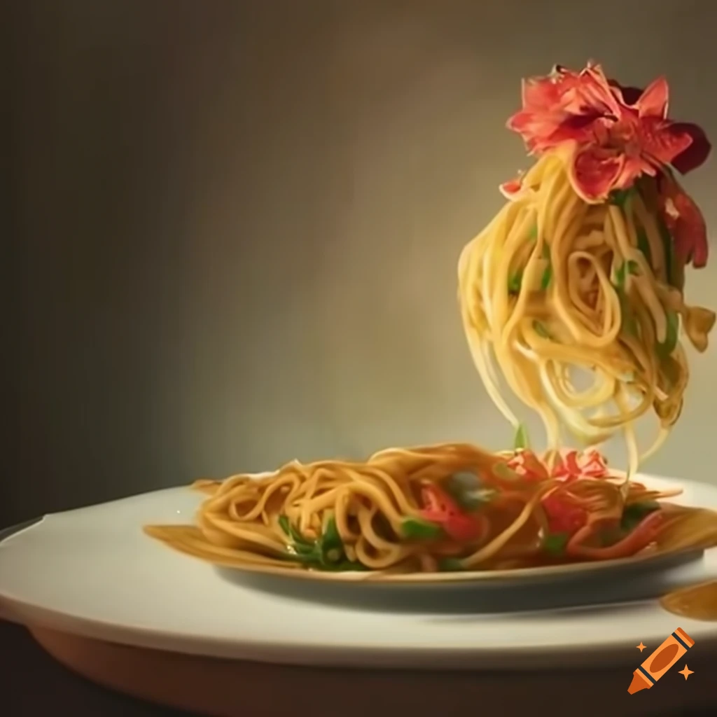 delicious plate of noodles with flowers in background