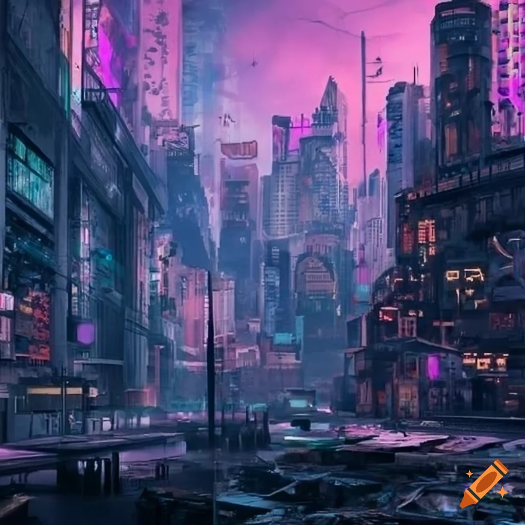 Dystopian cyberpunk cityscape