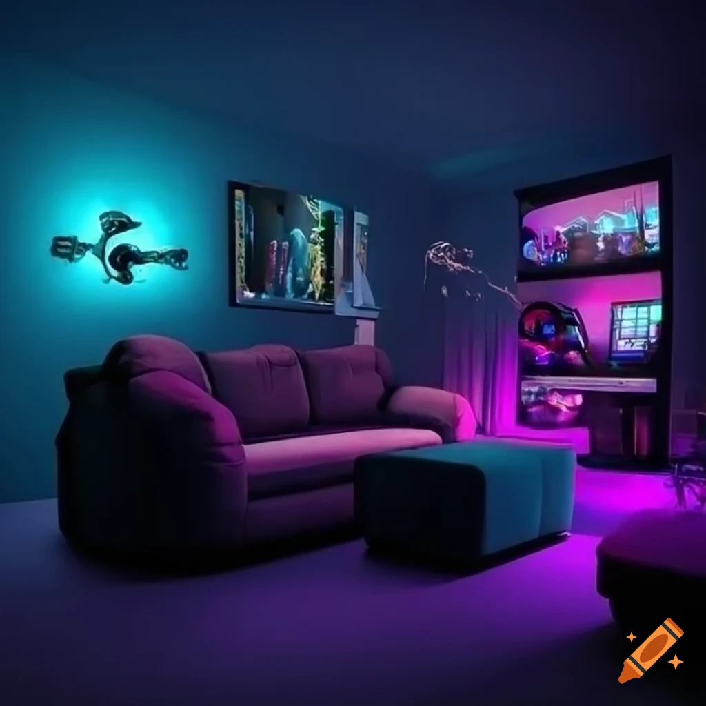Modern gaming room with a comfortable sofa on Craiyon