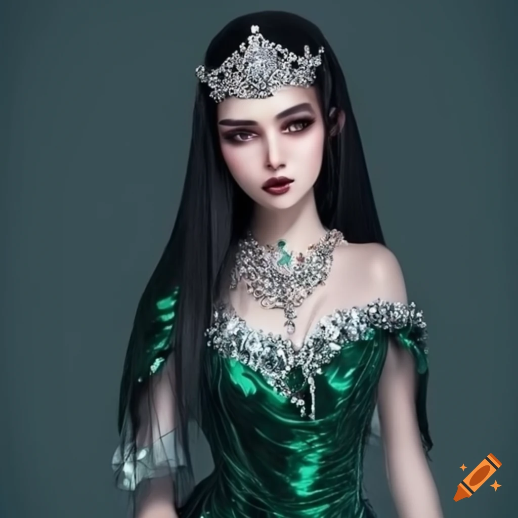 Portrait of a beautiful princess with long black hair and wearing a ...