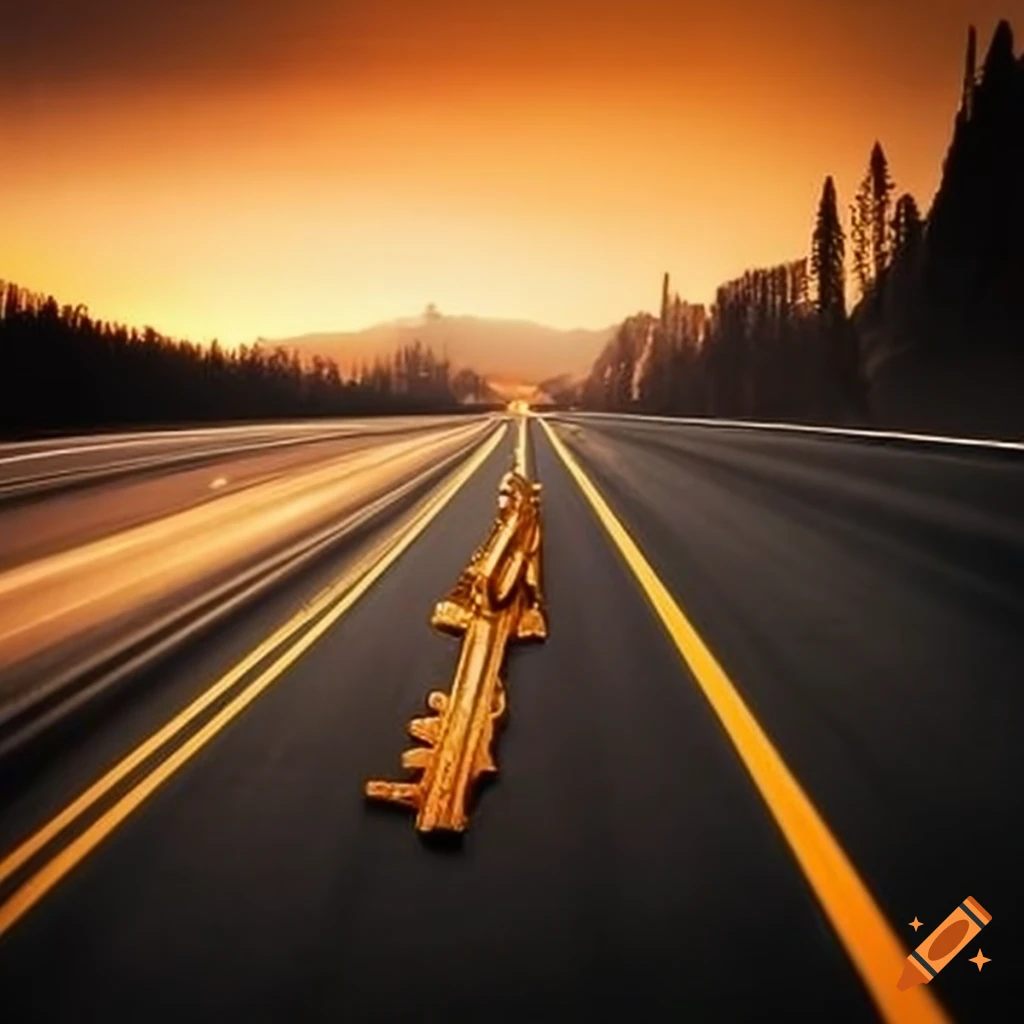 conceptual image of a golden key on a highway
