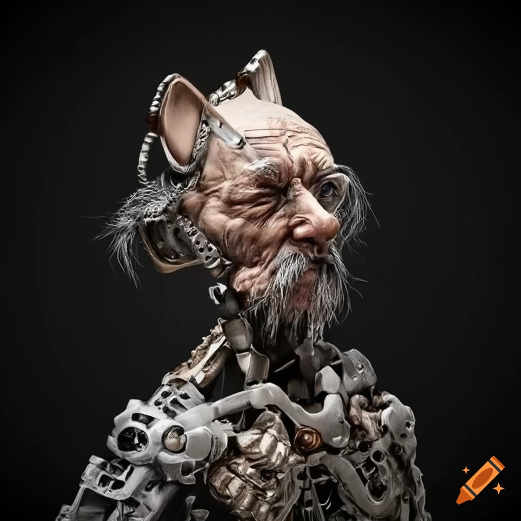Sculpture of an old man with mechanical feline