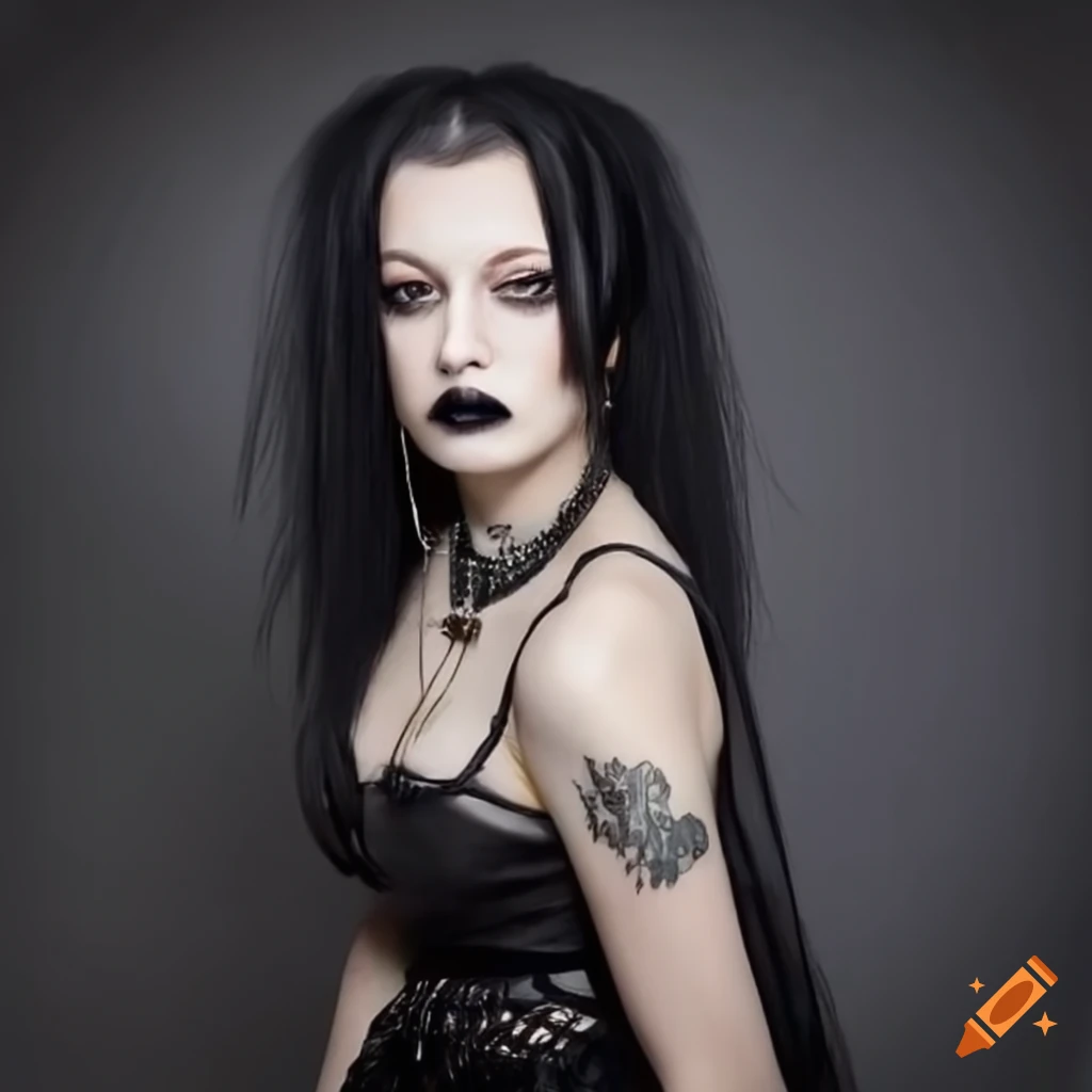 Cartoony goth girl short black hair with red eyes, tattoos, streetwear  clothing style on Craiyon