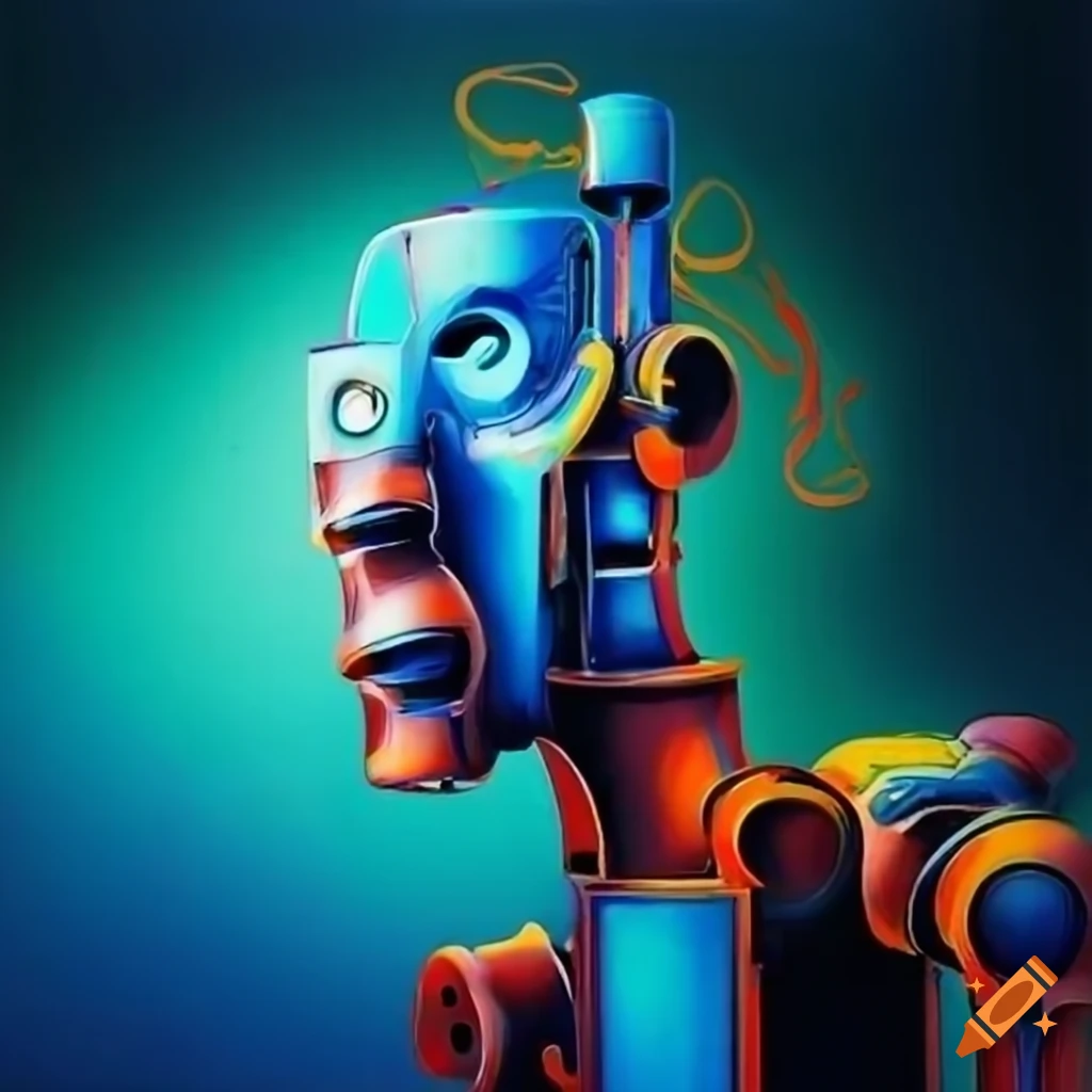 Abstract painting of robots in a large factory on Craiyon