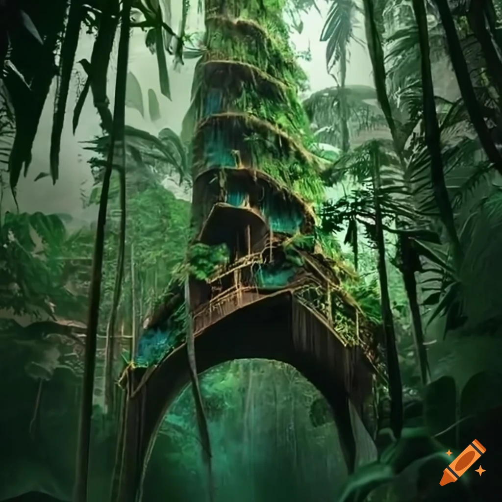 Futuristic building embedded in a jungle on Craiyon