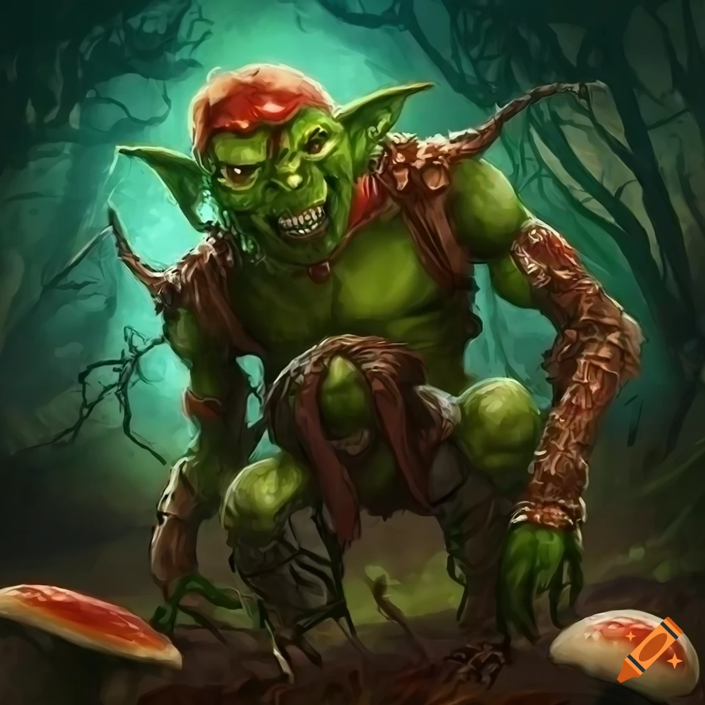 Fantasy digital art of a green goblin infested with mushrooms on Craiyon