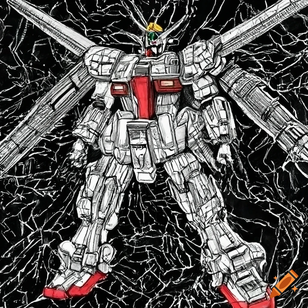 detailed pen and ink illustration of a Gundam