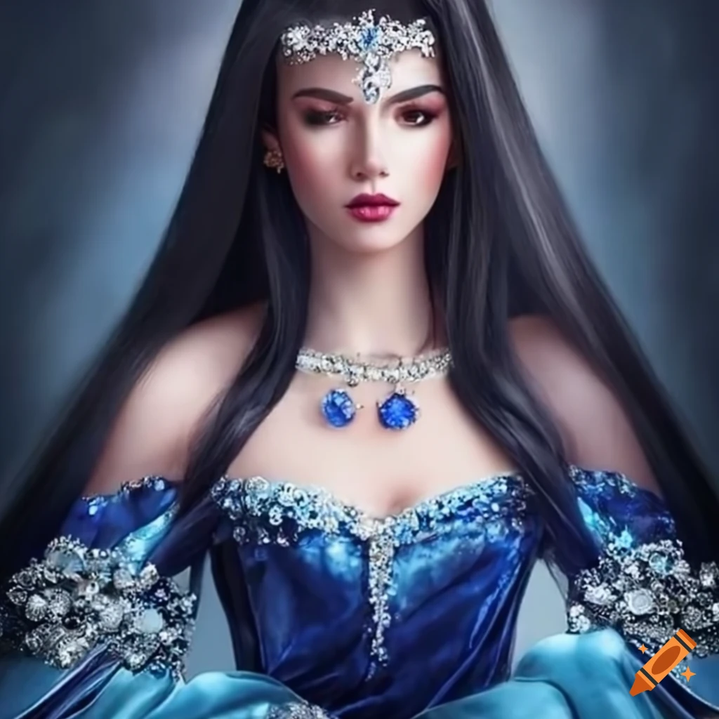 Fashionable princess in a dark blue velvet dress on Craiyon