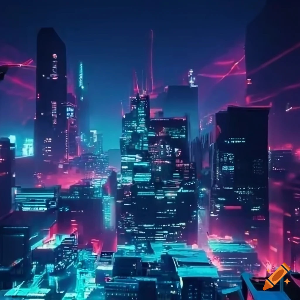 Futuristic cityscape with swarm of neon drones on Craiyon