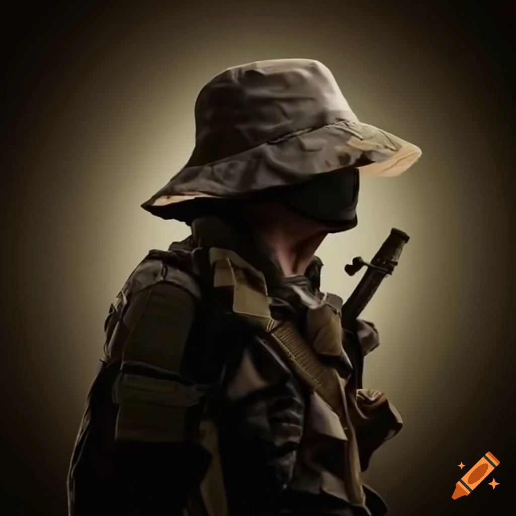 stylish guy wearing a bucket hat and tactical gear