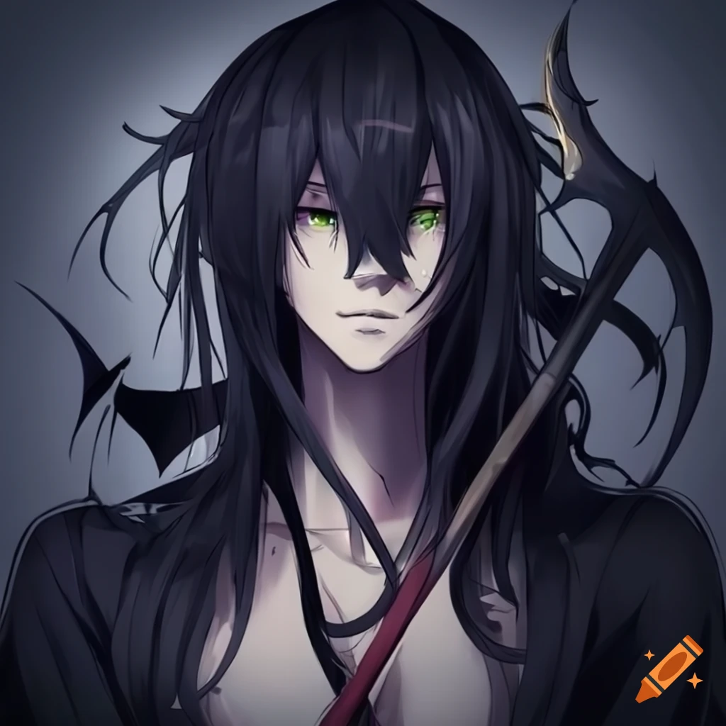 eerie digital art of an anime character with black hair and devil ears holding a reaper scythe