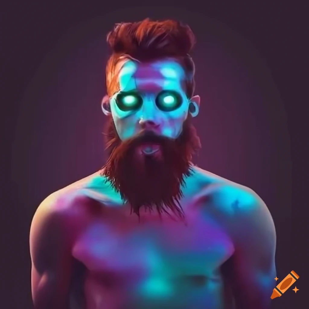 skateboarding man with glowing eyes and beard