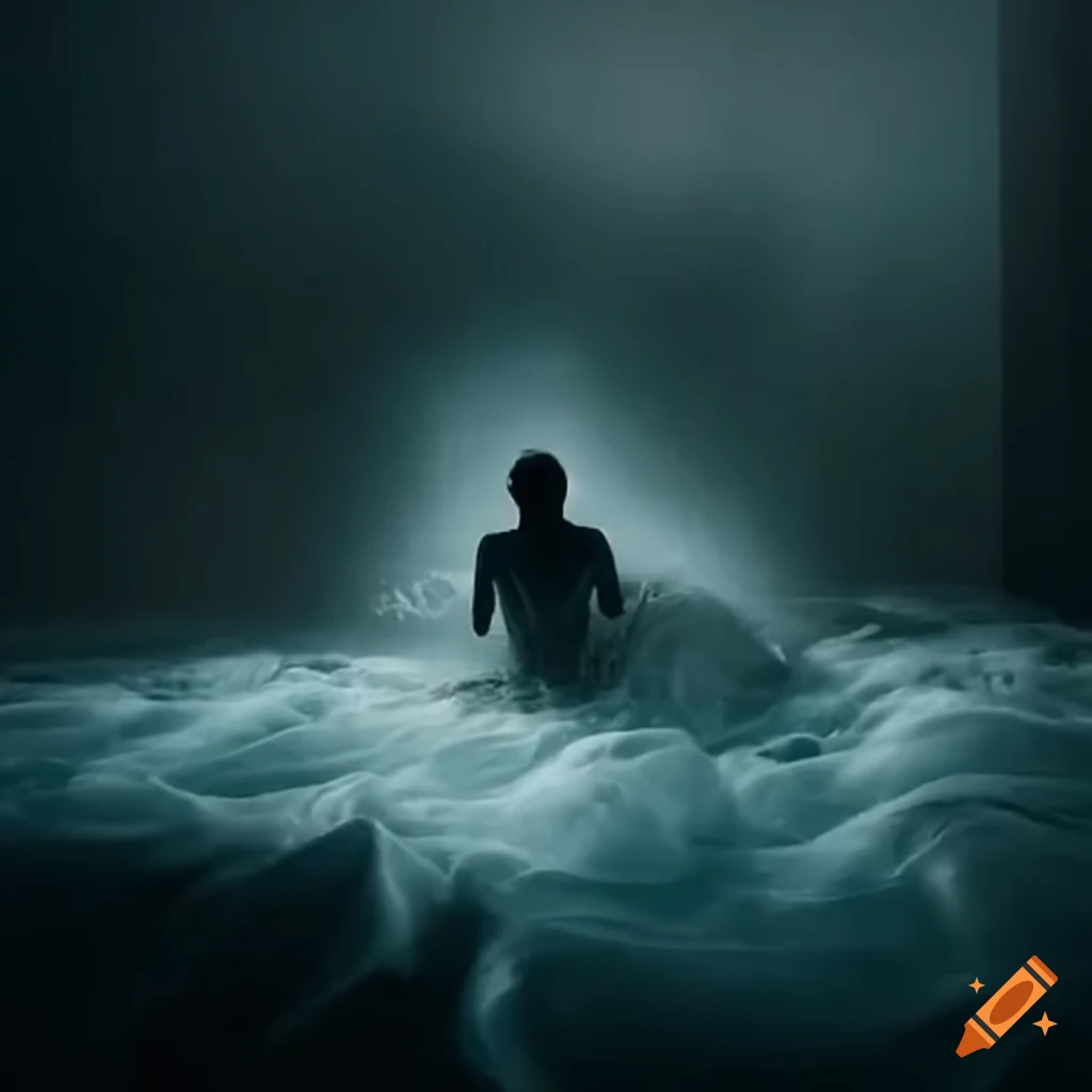 artwork of a person escaping a massive wave