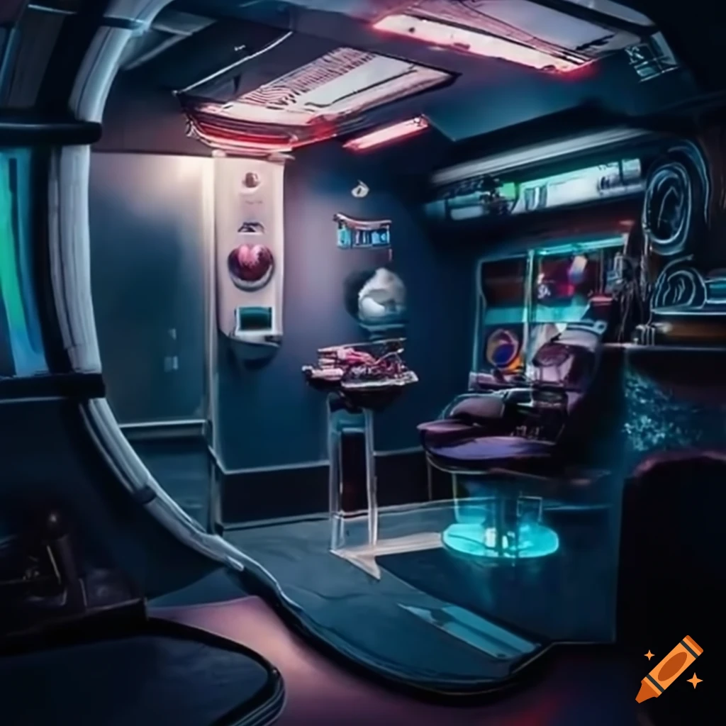 interior of a futuristic spaceship barbershop