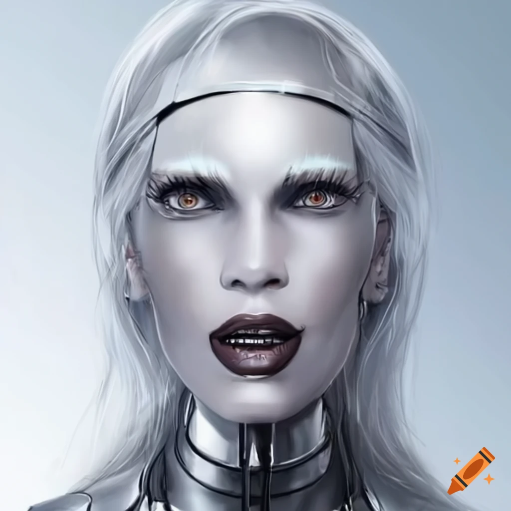 Image of silver female robots with silver hair