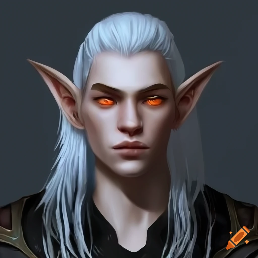 Digital art of a high elf male with white hair and orange eyes on Craiyon
