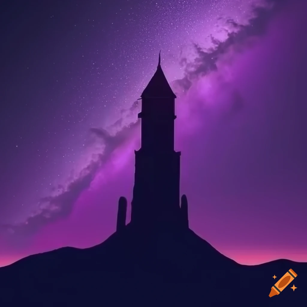 Dark purple tower under starry sky in the desert on Craiyon
