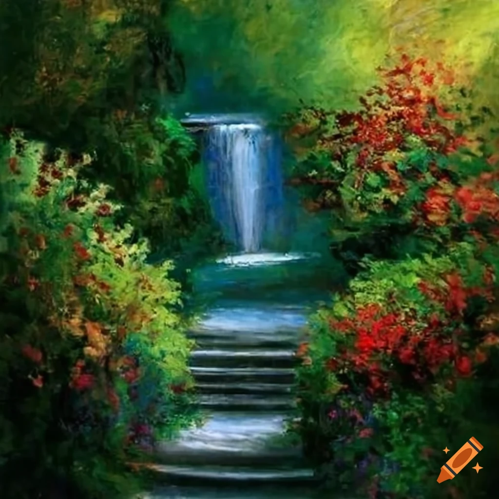 painting of a garden with a curved staircase and waterfall