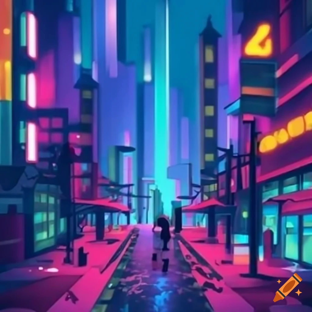 vibrant cityscape with neon lights at night
