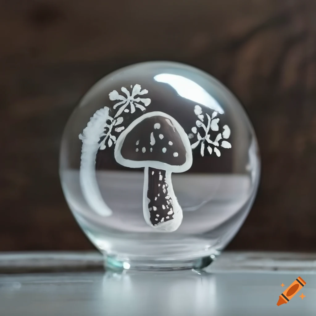 glass ball etched with a mushroom design