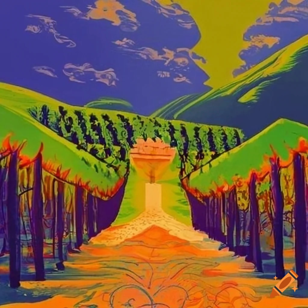 art nouveau travel poster of a vineyard with grapes