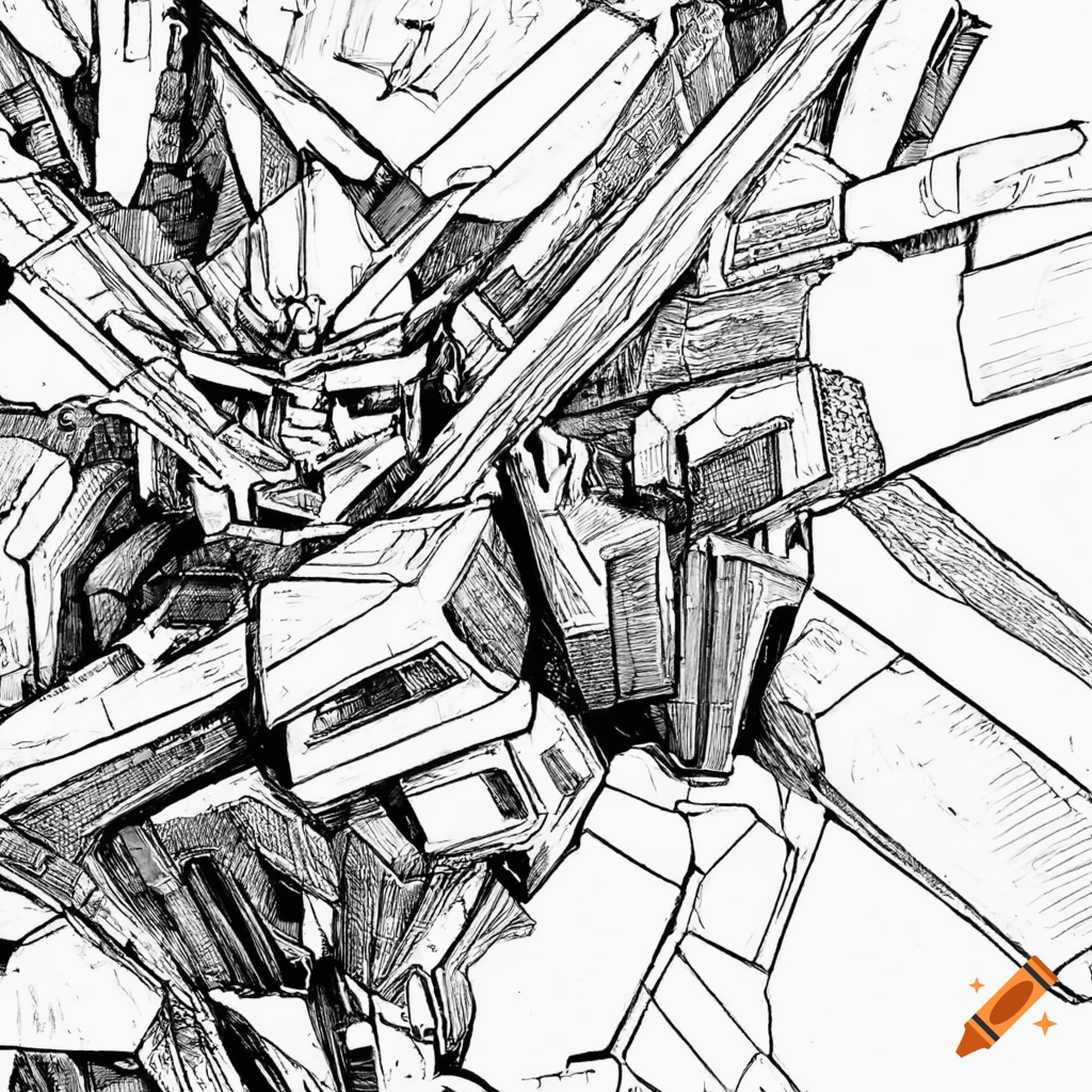detailed pen and ink Gundam illustration
