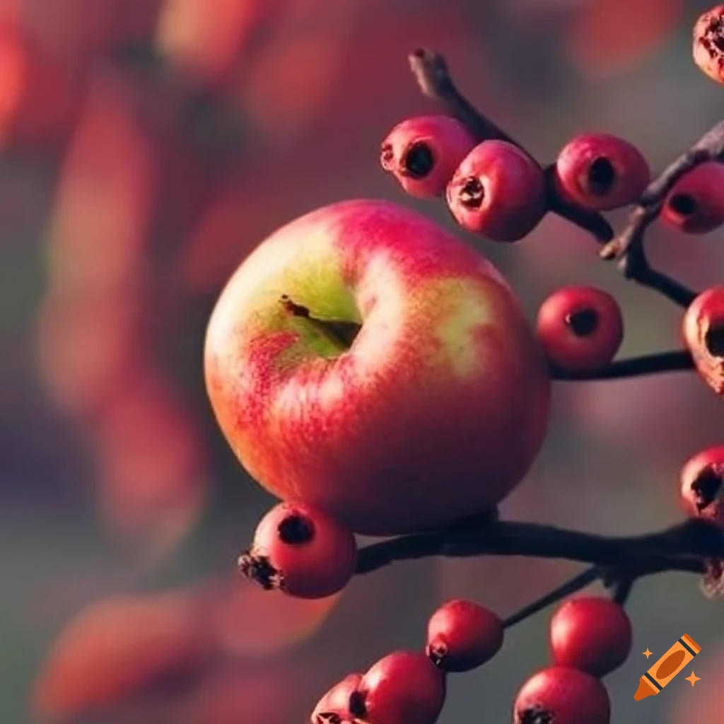 abundance of hawthorn berries with small apple