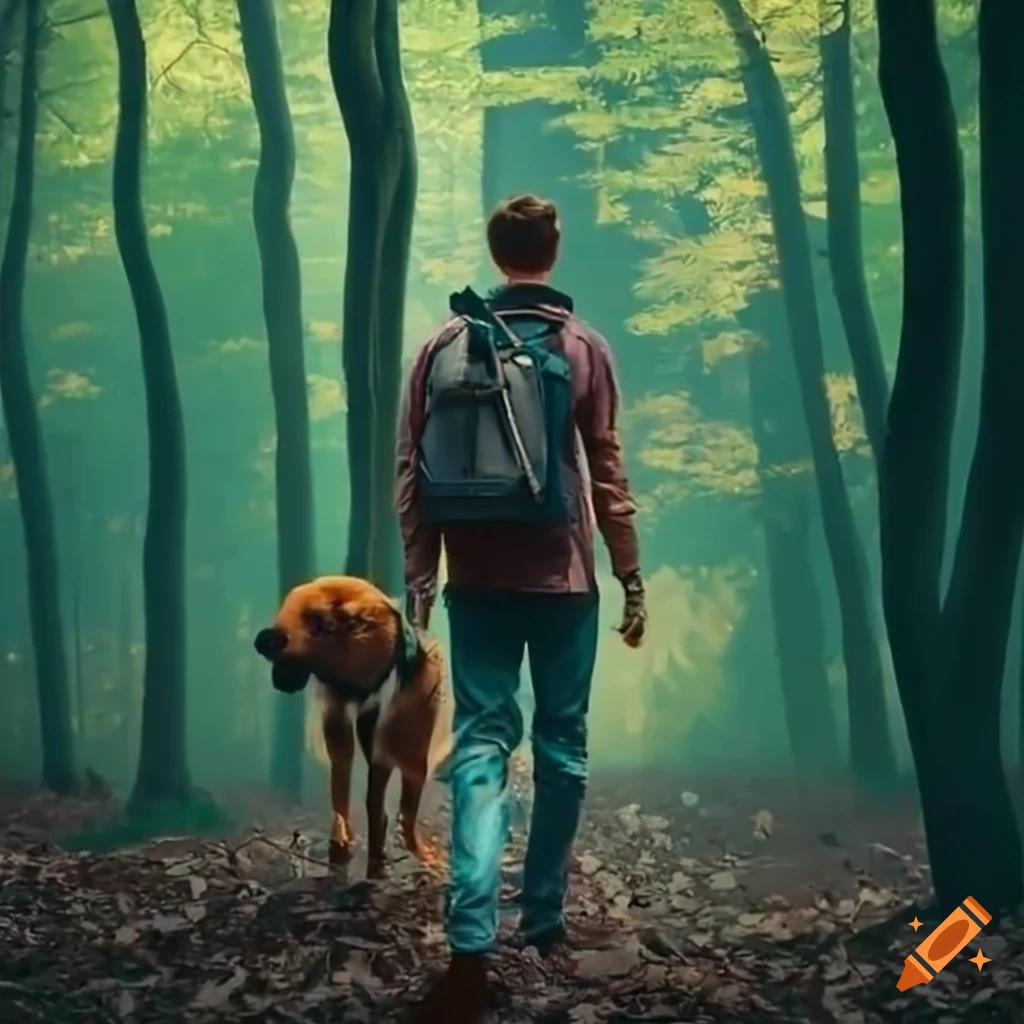 Young man walking with his dog in a forest on Craiyon