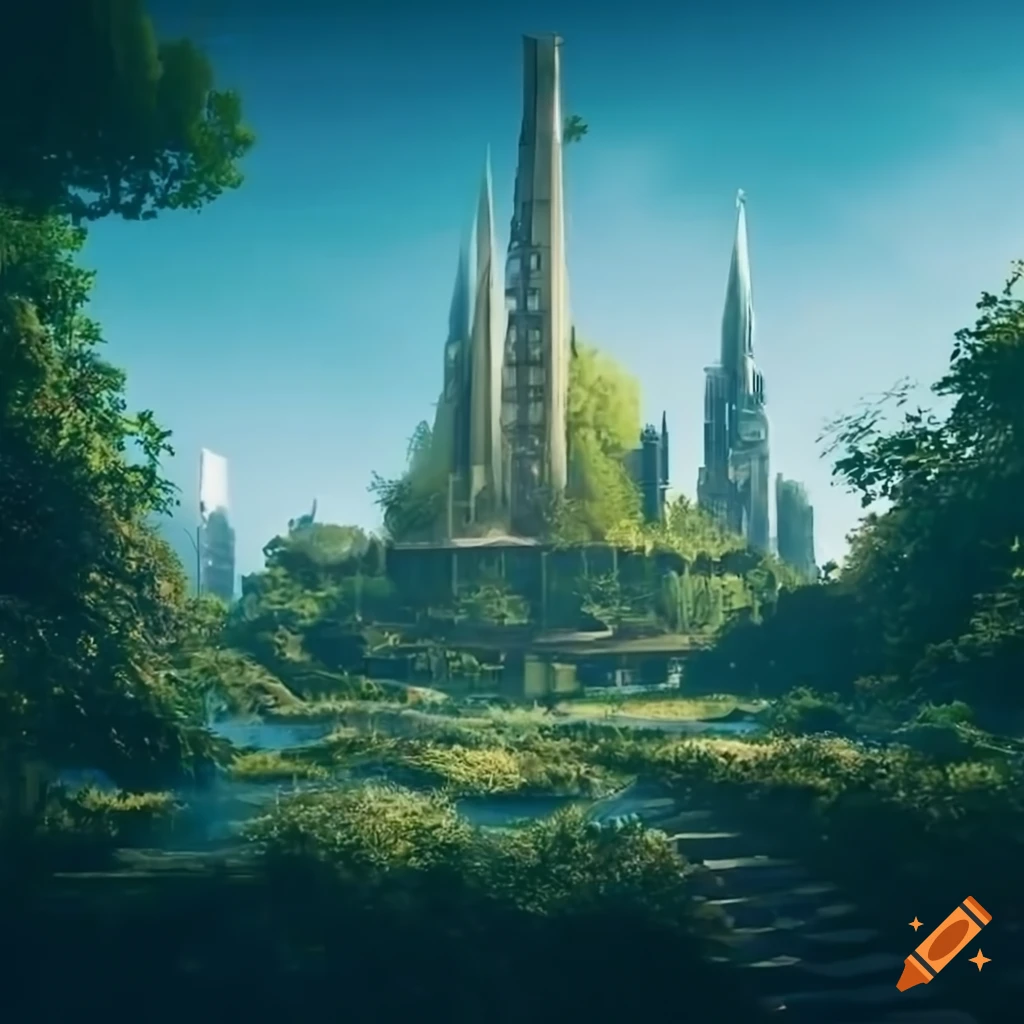 photorealistic cityscape with overgrown plants and trees
