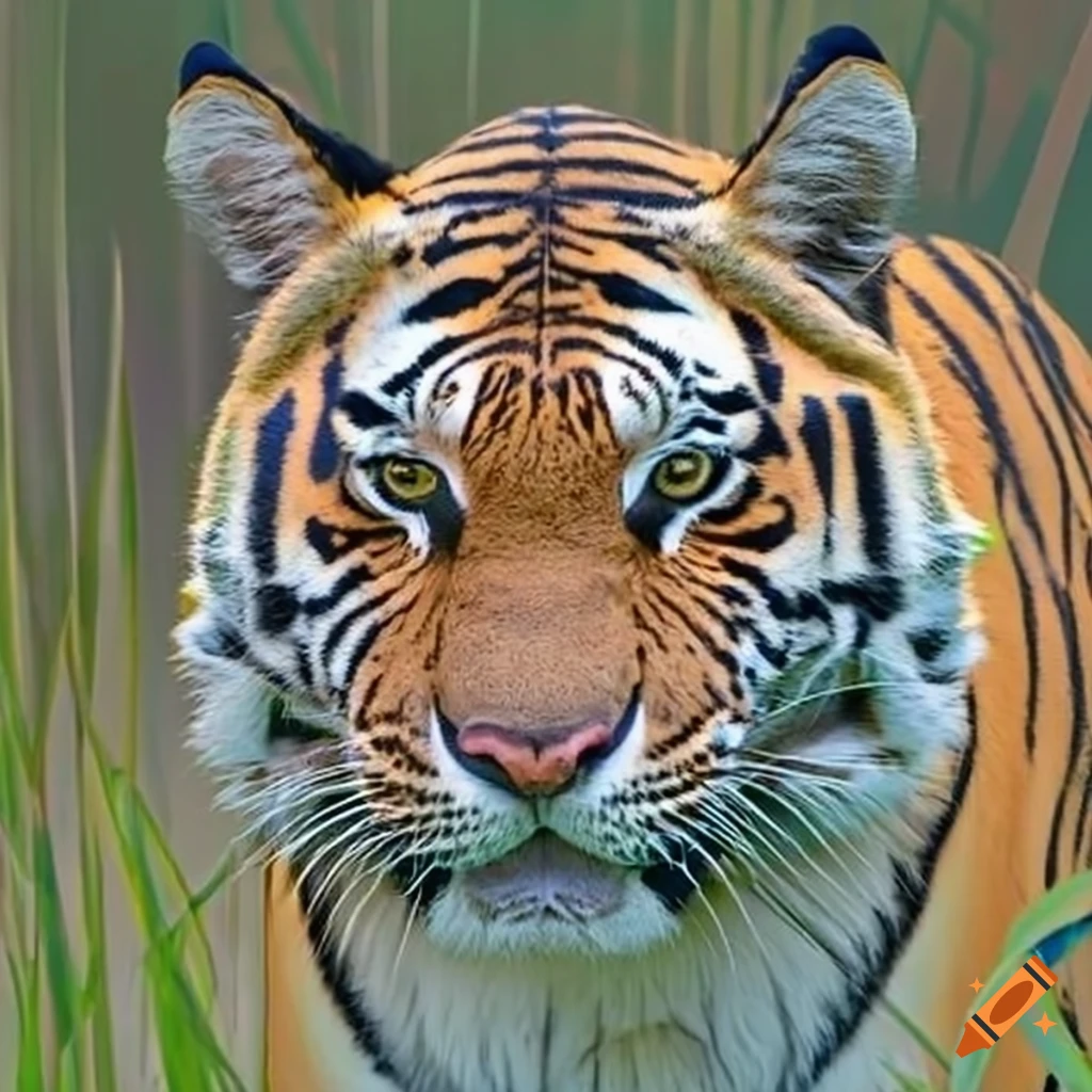 Smilodon tiger with orange fur and emerald green eyes on Craiyon