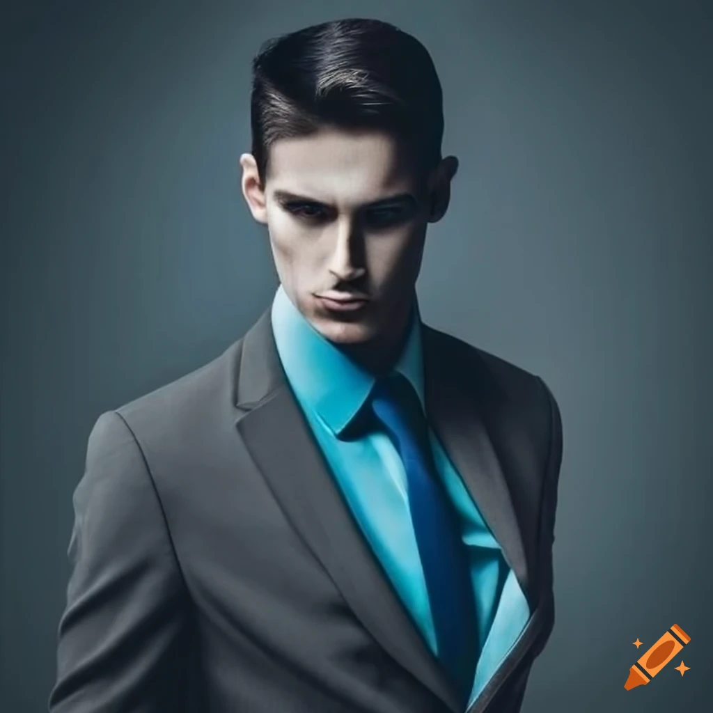 Stylish Man In A Dark Gray Suit And Light Blue Shirt On Craiyon