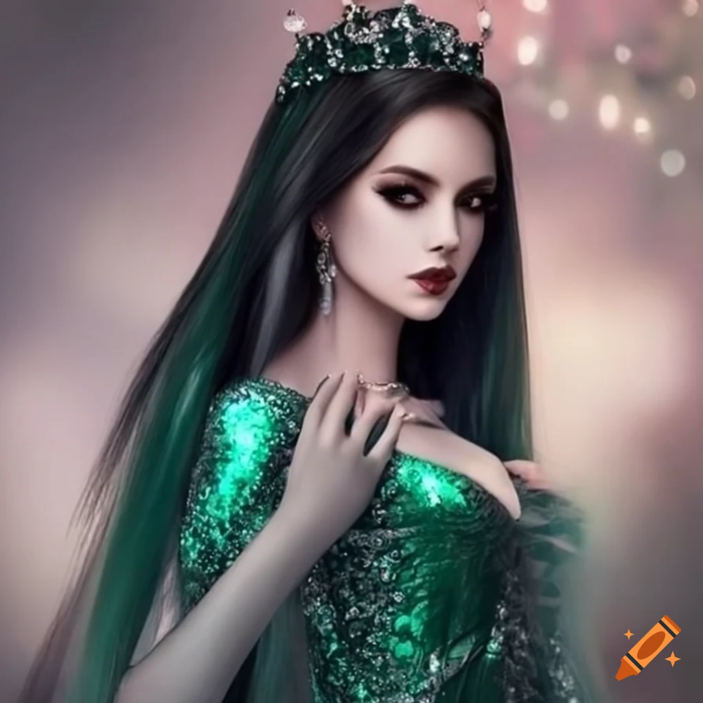 Dark-haired princess in a stunning green sequin dress